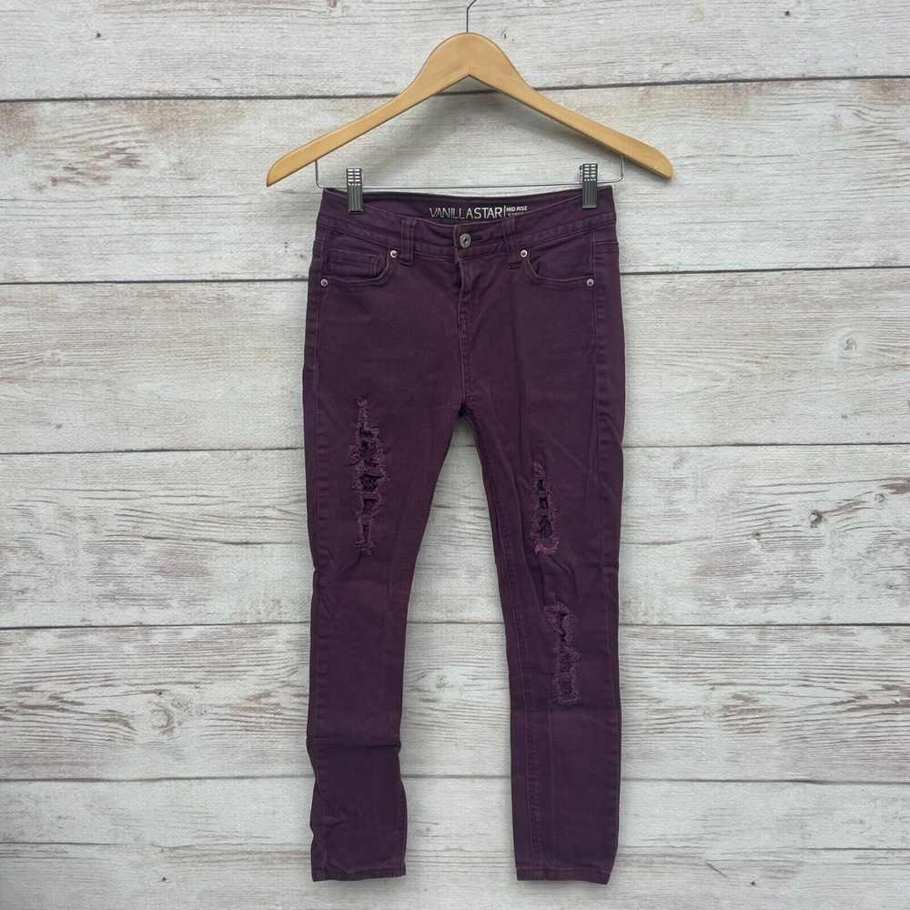 Vanilla Star Mid-Rise Skinny Jeans stretch Maroon Red Burgundy distressed Size 3
